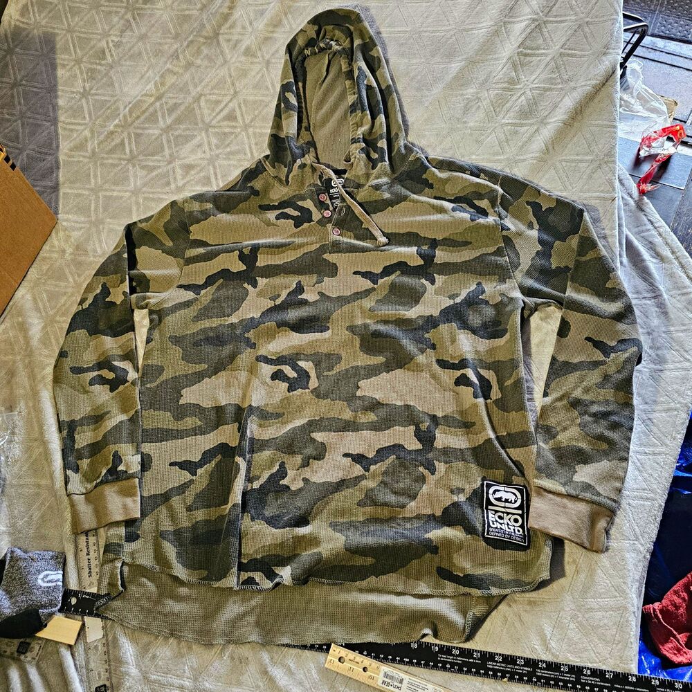 Ecko Unltd. Camo Waffle Knit Henley Button Pullover Hoodie Men's 3XL